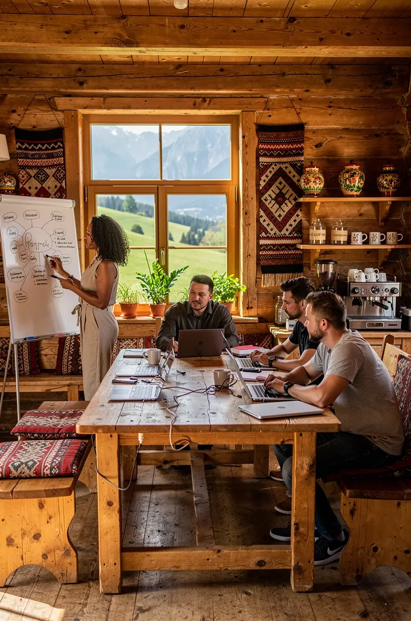 Moderné pracovné miesto v prenajatom apartmáne so svetlom a výhľadom na slovenskú prírodu.